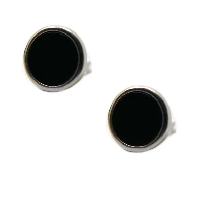 orecchini argento 925 bottone tondo 12mm onice nero levigato cerchio uomo donna - Immagine 1 di 4