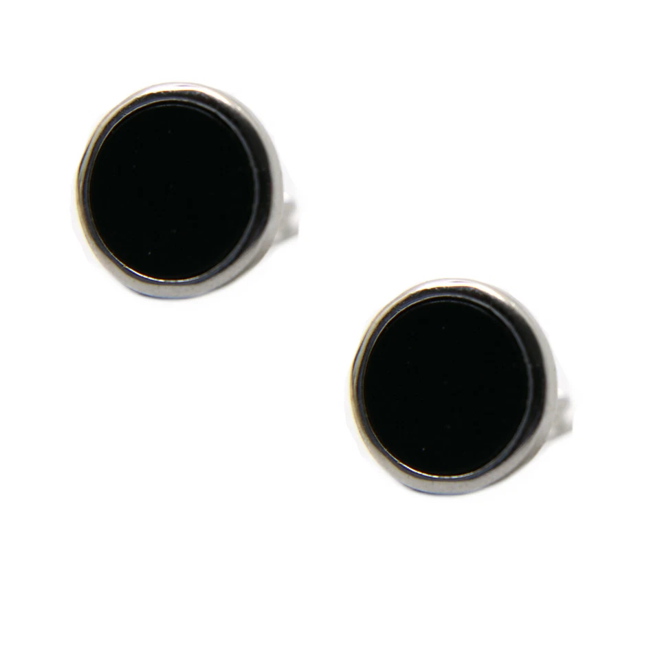 orecchini argento 925 bottone tondo 12mm onice nero levigato cerchio uomo donna - Immagine 1 di 4