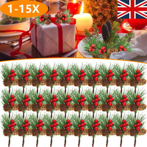 Christmas Artificial Pine Branch Ornament Berry 15X Xmas Decor Pick Holly Flower