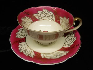 Jyoto China TEA CUP &SAUCER Pink w/White Leaves Gold trim vintage Occupied Japan - Picture 1 of 4