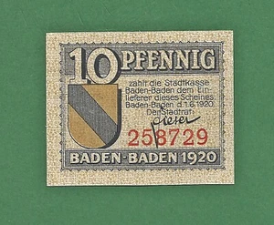 06 248 Notgeld Stadt Baden-Baden 10 Pfg., 1.6.1920, KN rot 6-stellig - Picture 1 of 2