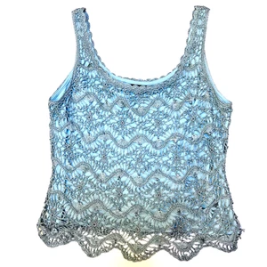 Carmen Marc Valvo Blouse Womens XL Crochet Tank Evening Beaded Y2K Aqua Lined - Picture 1 of 7