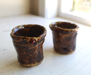 2 Handmade Brutalist Shot Glasses Student Art School Pottery Brown Glaze Rustic - Picture 1 of 8