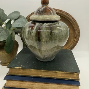 Tarro de cerámica artística de estudio artesanal vintage con tapa esmaltado por goteo - Imagen 1 de 6