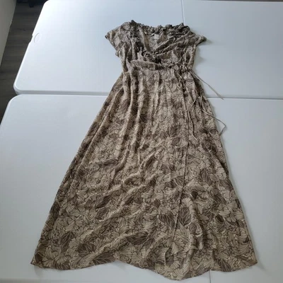 Whimsy Fairy Silk Wrap Dress Womens 8 Brown Leaf Sheer V Neck Maxi Short Sleeve - Image 1 of 4