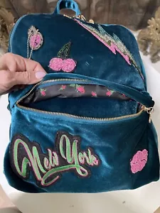 Betsey Johnson NY Blue Vintage Velvet Backpack Large School Book Bag Travel Y2K - Picture 1 of 13