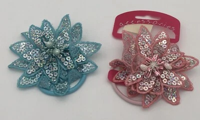 Clip de pelo/banda elástica con flores de colección lentejuelas azul claro/rosa Foto 1 de 4