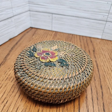 Handmade, Hand Painted Woven Round Basket, Vintage Cover
