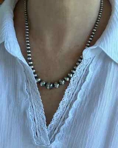 Graduated Sterling Silver Navajo Pearls Necklace, Large 12mm - 4mm Beaded Choker - Picture 1 of 7