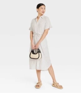 A New Day Women's Short Sleeve Linen Midi Shirtdress Cream Striped Sz XXL - Picture 1 of 5