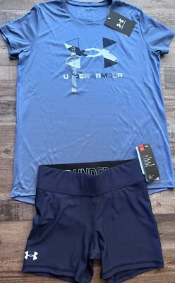 Nuevo con etiquetas Conjunto de Pantalones Cortos de Bicicleta Under Armour YLG Niñas Azul/Azul Marino/Blanco Logo Grande Foto 1 de 4
