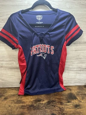 Camisa negra/azul OTS NFL New England Patriots para mujer pequeña con logotipo de corbata frontal nueva sin etiquetas Foto 1 de 3