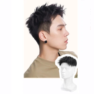 Natural  Curly Topper Human Hair Clip in Replacement Hair Pieces Toupee For Men - Image 1 of 4