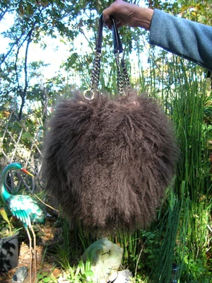 AQUA MADONNA WOMEN'S GENUINE BROWN MONGOLIAN LAMB FUR CHAIN STRAP PURSE - Image 1 of 4