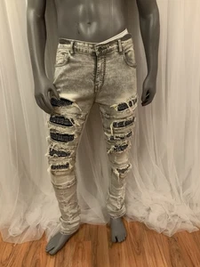 Focus Jeans Uomo 36/32 Grigio Invecchiato Con Toppe Strass Nero - Foto 1 di 22