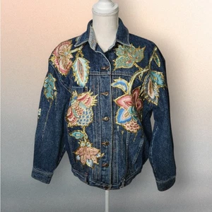 Vintage M Hand Painted Puffy Paint Floral Jean Jacket 90s Embellished Denim - Picture 1 of 9