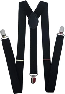 NEW Men Women Clip-on Suspenders Elastic Y-Shape Adjustable Braces Solid Black - Picture 1 of 9