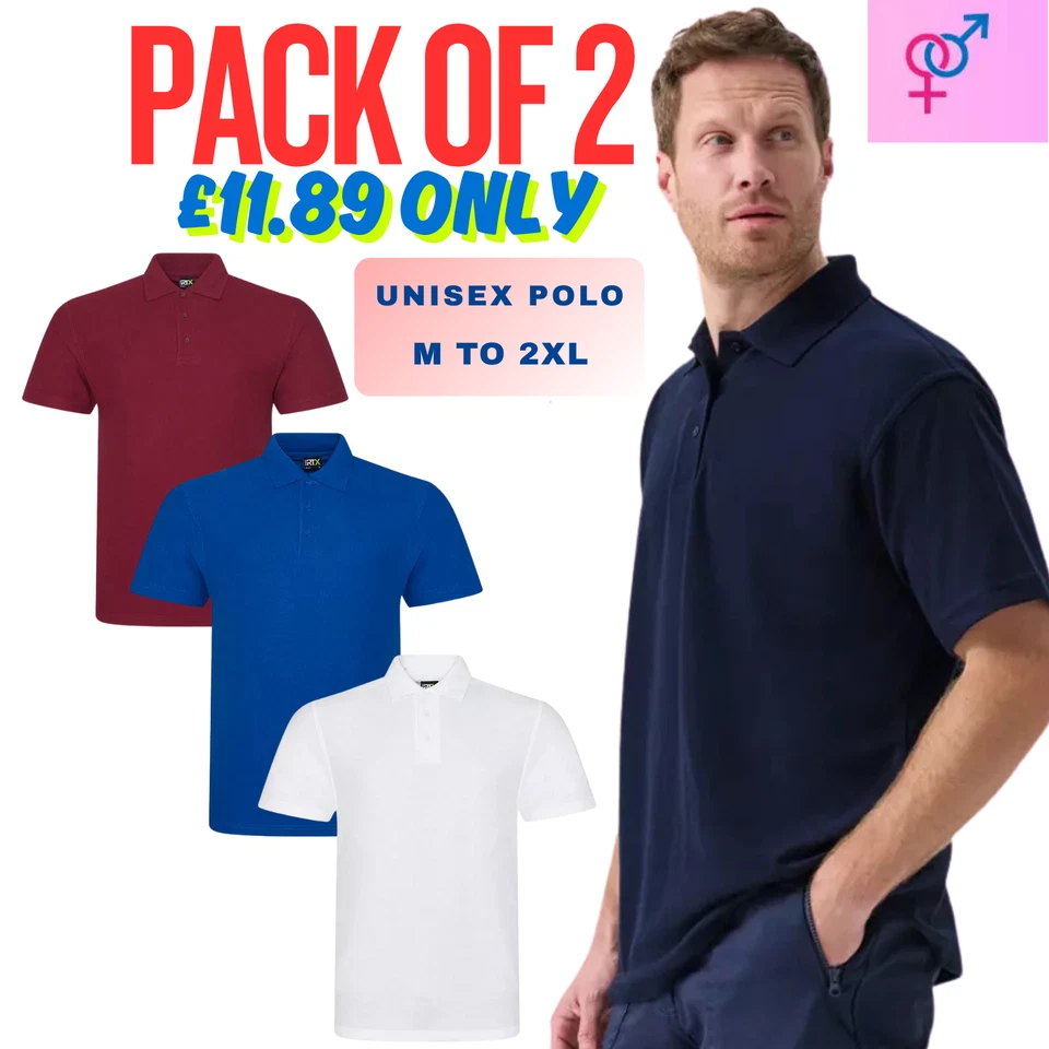 2 PACK UNEEK Plain Unisex Polo Shirts , Classic Poloshirts, Casual Work Polo - Image 1 of 1