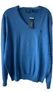 Polo Ralph Lauren Herrenpullover Pimabaumwolle großer V-Ausschnitt blau meliert neu mit Etikett - Bild 1 von 7