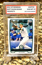 MATT OLSON 2012 TOPPS 1ST BOWMAN “GEM-MINT 10” ROOKIE CARD #BDPP20! COA!