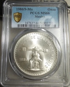 :1980/9-Mo 1-ONCE MEXICO SILVER BULLION PCGS NEAR SUPERB MS66 RARE R6 HIGH GRADE - Picture 1 of 3