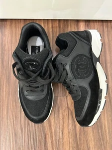 Chanel Black Suede Leather & Tweed Trainer Shoe Size 37 G35617 - Picture 1 of 15