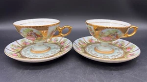 Set of 2 Arnart Royal Crown Courting Scenes Footed Demitasse Tea Cups & Saucers - Picture 1 of 10