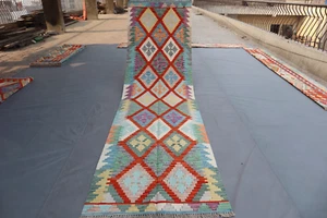 2x9 Afghan Chobi Kilim Runner, Handmade Wool Tribal Flatweave Rug, Hallway Boho- - Picture 1 of 10