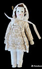 Porcelain Doll Ornament Face Cloth Body White and Tan Floral Dress and Hat 8”