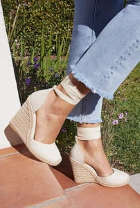 Size 10 Women's Just Fab Jenala Linen Tie Sandal Wedges - Picture 1 of 8