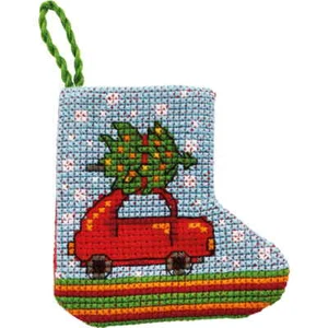 Kit de punto de cruz contado Permin, calcetín mini "coche de Navidad", 7x7cm - Imagen 1 de 1