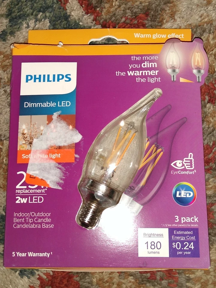 3 PHILIPS Dimmable LED Indoor Outdoor Bent Tip Candelabra 2W 180 Lumen 2700K - Image 1 of 1