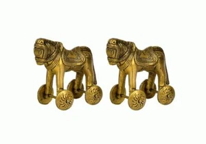 Brass Horse Pair Standing on 4 Wheels Statue Showpiece For Home Office Decor - Picture 1 of 3