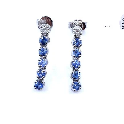 18K 白金吊坠耳环 | 天然钻石和蓝色蓝宝石 | 手工制作 — 第 1/4 张图片