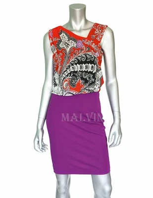 ROBERTO CAVALLI DRESS VIBRANT PAISLEY PRINT ASYMMETRIC NECK $1,980 IT 38 US 2 - Image 1 of 4