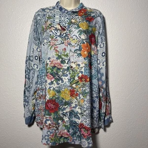 Johnny Was Womens Size M Button Up Blouse Tunic Top Floral Birds Patchwork - Picture 1 of 4