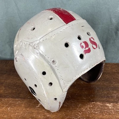 VINTAGE 1930s 1940s Leather Football Helmet 28 Number Antique 30s 40s - Image 1 of 4