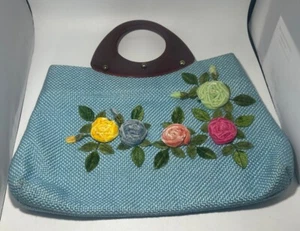 Vintage Samt Rose Applikation Blau Sackleinen Handtasche Geldbeutel Braun Lucite Griffe - Bild 1 von 7