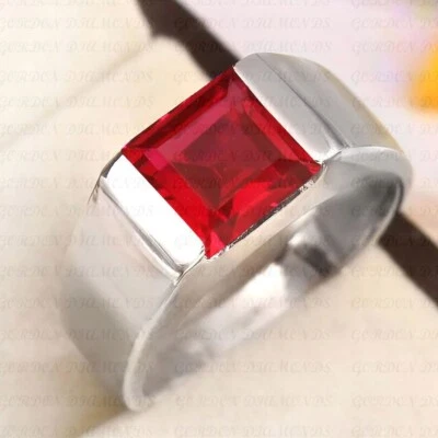 5.00ct Asscher Cut Natural Red Ruby Solitaire Men's Ring 18K White Gold Plated - Image 1 of 4