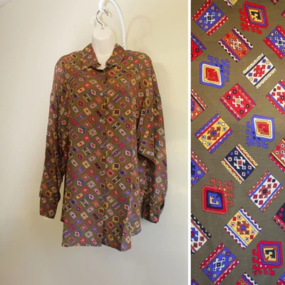 Vintage 80s Aztec Rayon Shirt Womens 12 L Umber Button Up LS Marisa Christin - Image 1 of 4