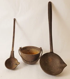 3pc Antique Cast Iron Foundry Crucible Smelting Pot & Pouring Ladles Rustic - Picture 1 of 8