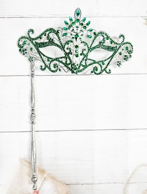 Green Crystal Masquerade Mask with Stick, Silver Masquerade Mask, Wedding Party - Image 1 of 4