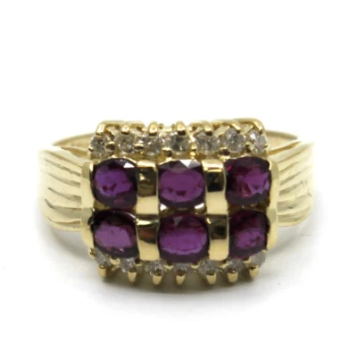 14k Solid Yellow Gold Retro Samuel Benham Ruby & Diamond Square Wide Ring - Image 1 of 4