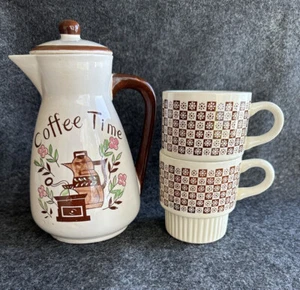 Vintage MCM Brown COFFEE TIME Spongeware Carafe Japan and McCoy Stackable Mugs - Picture 1 of 24