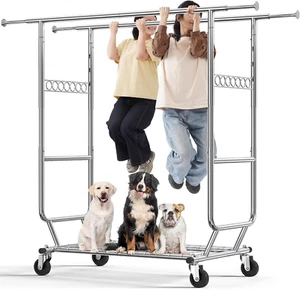 Clothes Rack Heavy Duty Clothing Rack Collapsible Garment Rack with Wheels Doubl - Picture 1 of 9