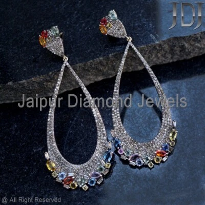 Natural Multi Sapphire Gemstone Pave Diamond Earring 925 Silver Designer Earring - Image 1 of 4