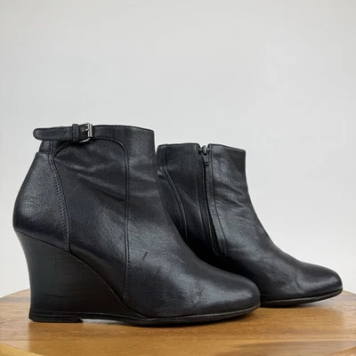 Womens Lanvin Black Leather Buckle Zip Wedge Ankle Boots Booties Size 7.5 - Image 1 of 4