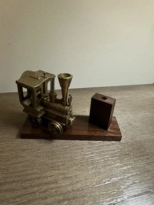 Solid Brass Miniature Train On Wood Base W/ PossiblePen Holder? Made In Italy. - Picture 1 of 9