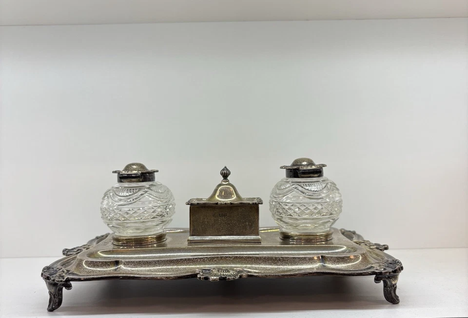 Tintero de sello enchapado en plata inglesa de la época victoriana siglo XIX Foto 1 de 4