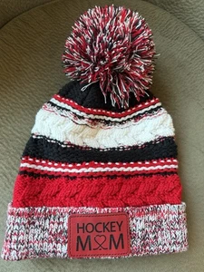 Hockey Mom Sport-Tek Winter Ski Knit Acrylic Beanie Pom Cap One Size VGC - Picture 1 of 7